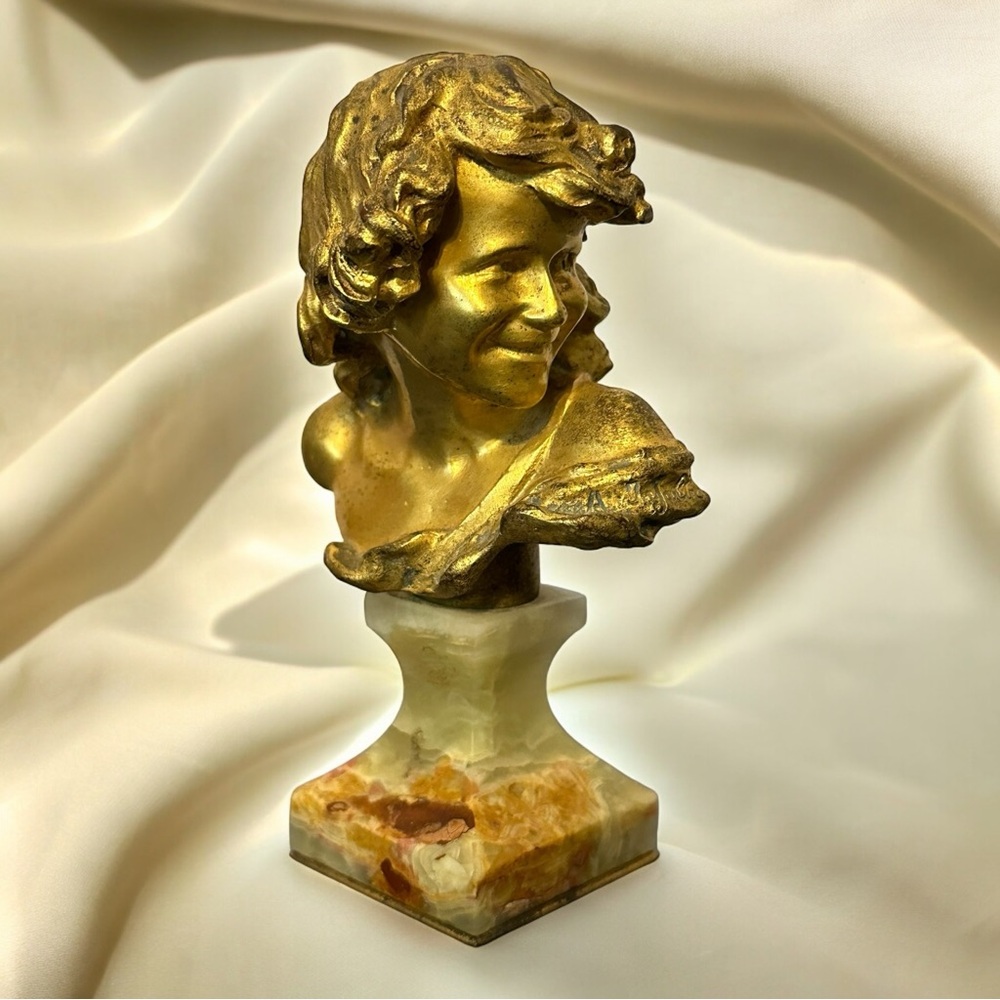 19th C. Gilt Bronze “Laughing Child” Sculpture Injalbert Signed, Siot Paris Onyx